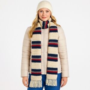 Handmade Crochet Striped Scarf – Cream, Navy, Red & Gray – Cozy Winter Knit